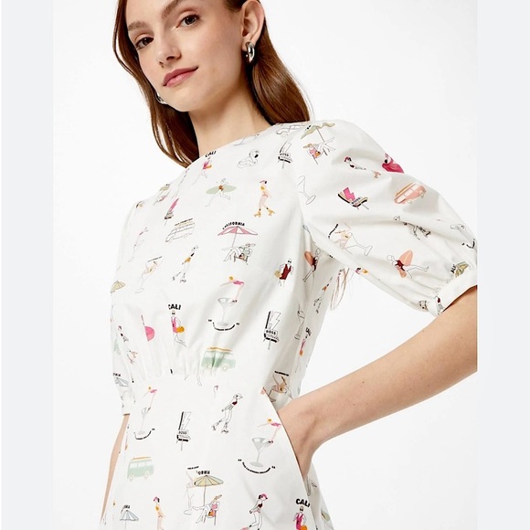 BOSS Retro Beach Print Cotton Poplin Puff Short Sleeve Flounce Hem Mini Dress 6 - Picture 5 of 11